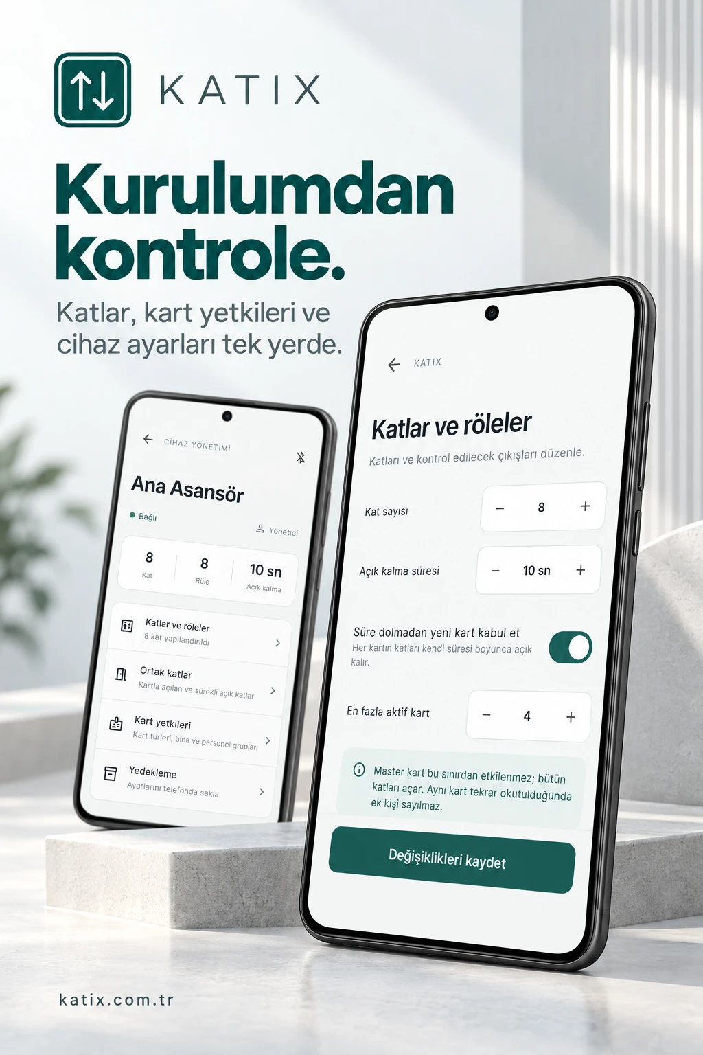 Katix Android uygulamasının kat, röle ve cihaz ayarlarını gösteren örnek tanıtım sunumu